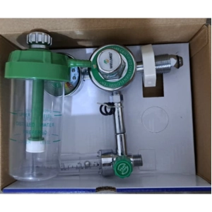 Wellmed flow meter component diagram with flow meter, pressure gauge and humidifier bottle