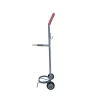 Oxygen cylinder trolley with metal frame, rubber wheels, and secure retaining bracket for safe medical oxygen cylinder transport