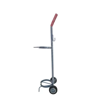 Oxygen cylinder trolley with metal frame, rubber wheels, and secure retaining bracket for safe medical oxygen cylinder transport