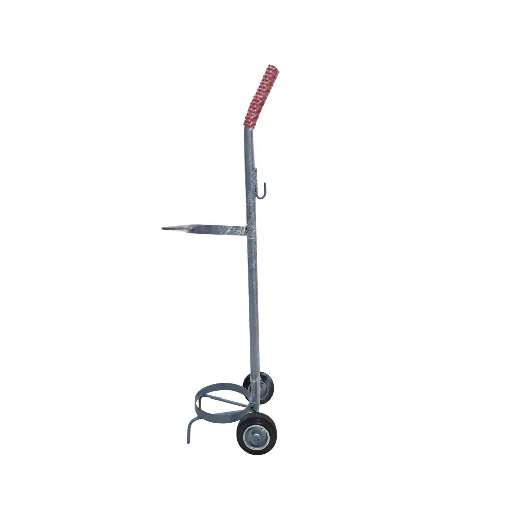 Oxygen cylinder trolley with metal frame, rubber wheels, and secure retaining bracket for safe medical oxygen cylinder transport